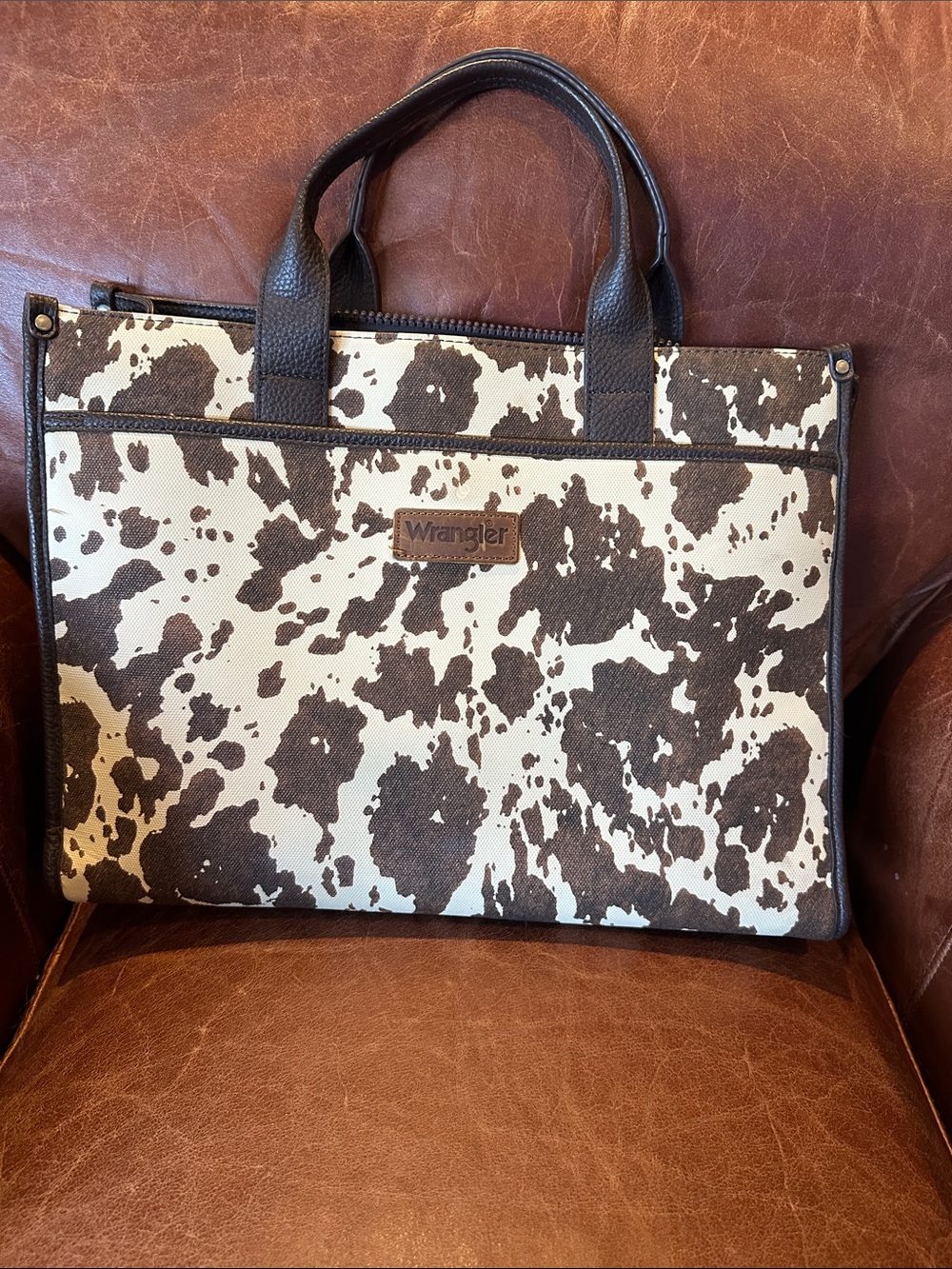 Wrangler Brown and Cream Cowhide-Pattern Briefcase Tote